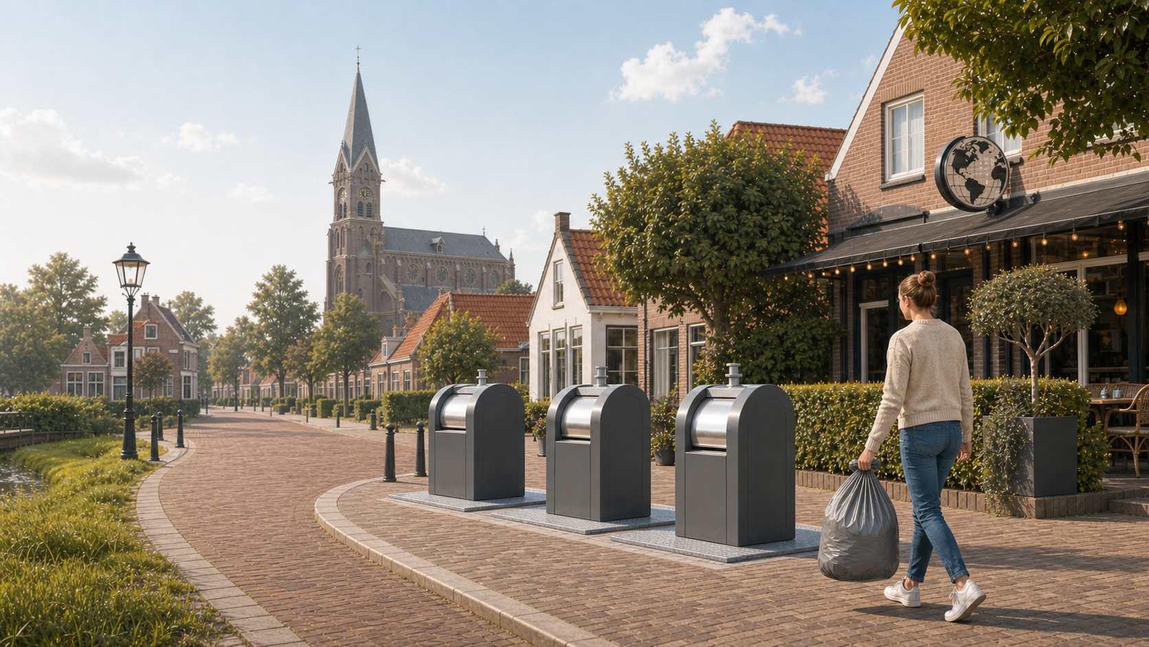 Bewoner loopt met een restafvalzak naar ondergrondse containers in een dorpsstraat.