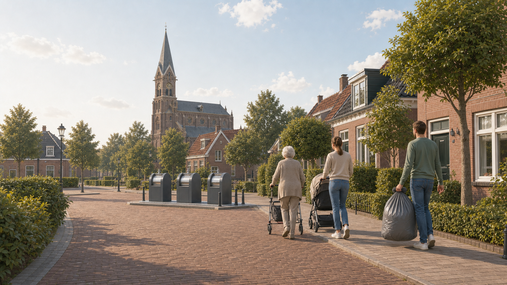 Oudere bewoner, ouder met kinderwagen en bewoner met zware afvalzak lopen door een dorpsstraat richting een ondergrondse container.