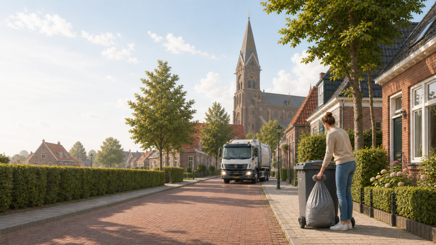 Bewoner zet restafval klaar bij een woning terwijl een inzamelwagen door het dorp rijdt.