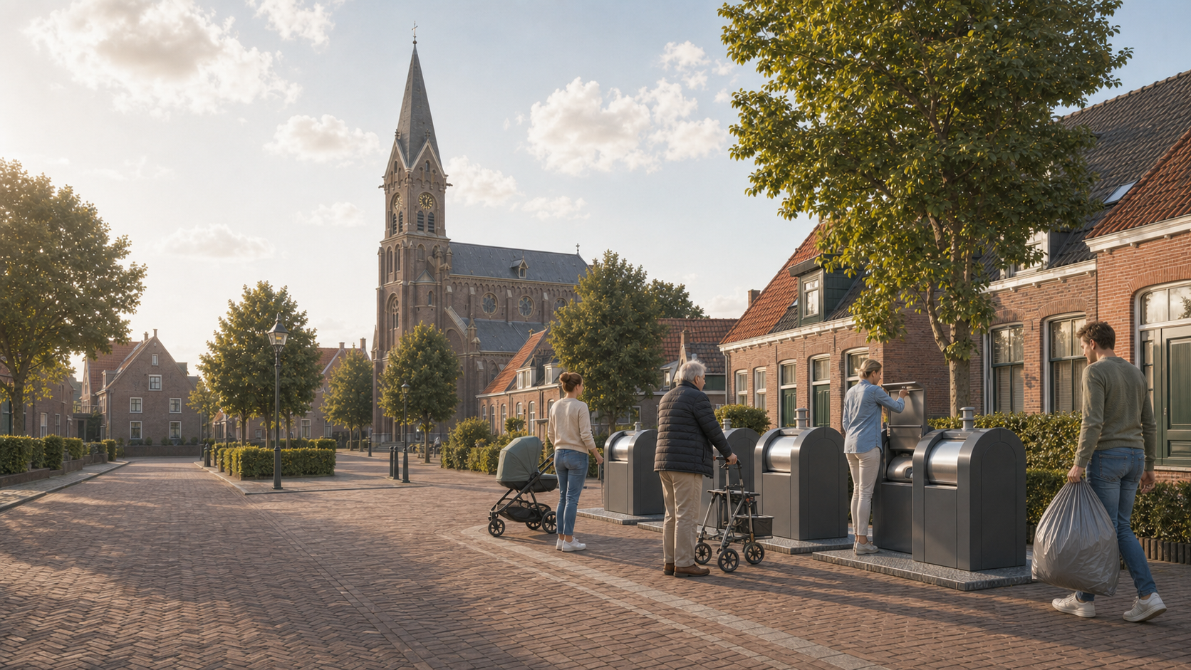 Bewoners met afvalzak, kinderwagen en rollator staan bij een ondergrondse container.