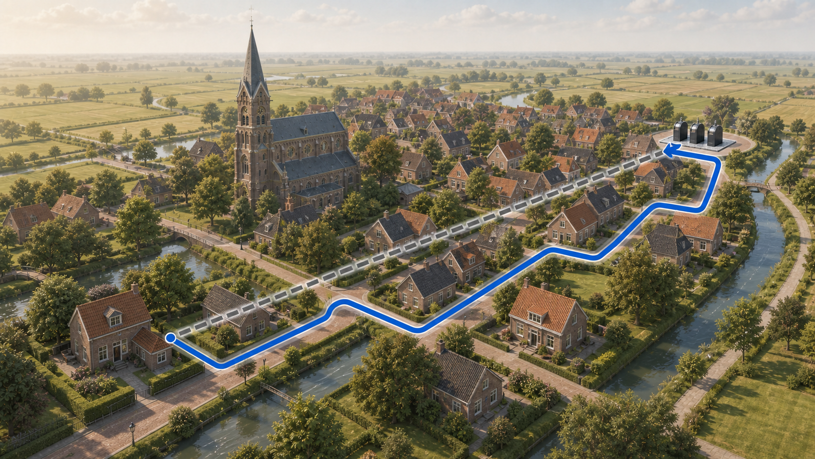 Kaartbeeld met een huis, een container, een rechte lijn en een langere looproute via straten.